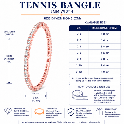 A product sizing infographic for a tennis bangle. The image features a rose gold bangle with clear stones, dimension labels, a size chart table, a 'How to choose your size' guide, and diamond-quality icons at the bottom.