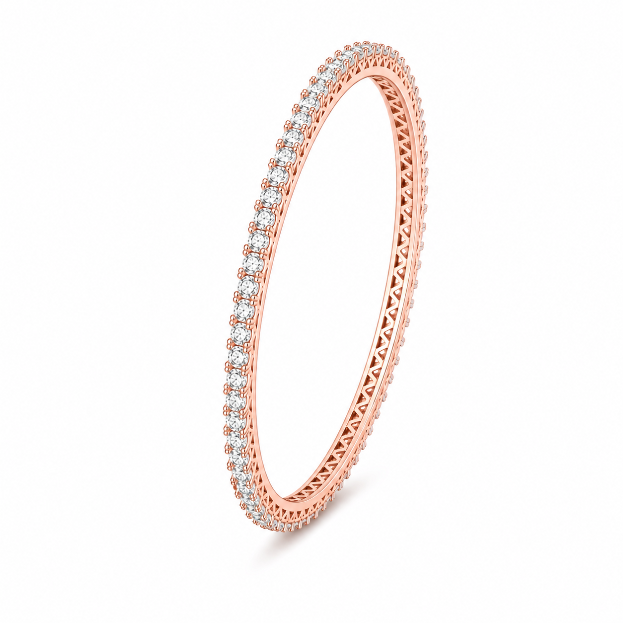 A rose gold bangle bracelet with a continuous row of small clear gemstones, shown on a clean white background.