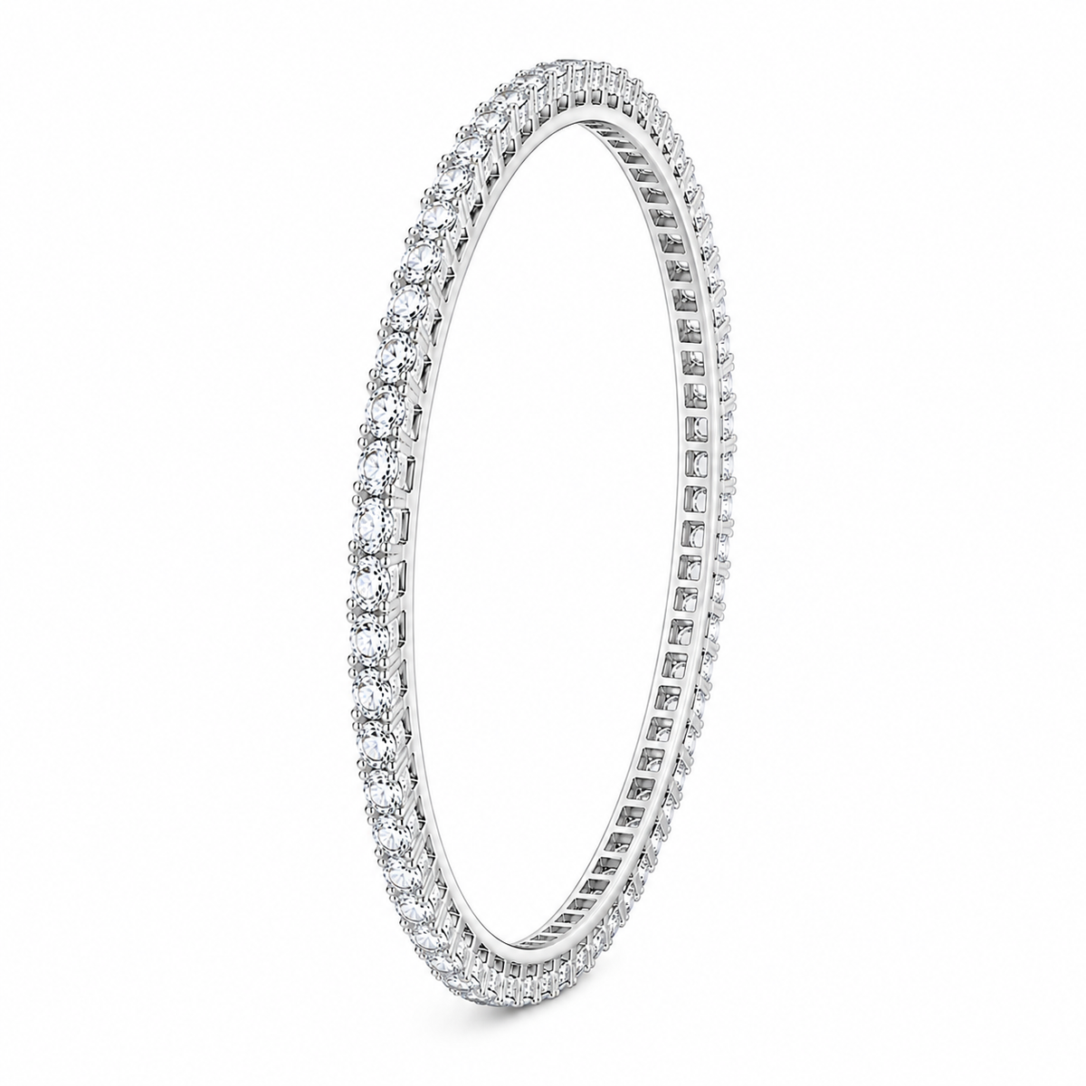 A single-row diamond tennis bracelet in a polished silver-colored metal, shown on a clean white background.