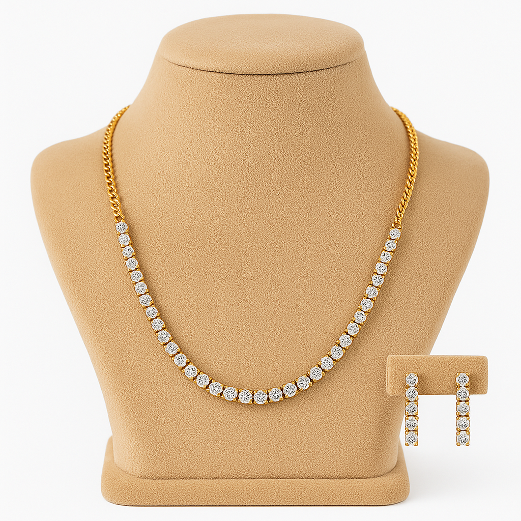 Gold necklace with diamond accents on a beige mannequin bust

