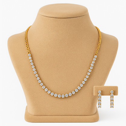 Gold necklace with diamond accents on a beige mannequin bust

