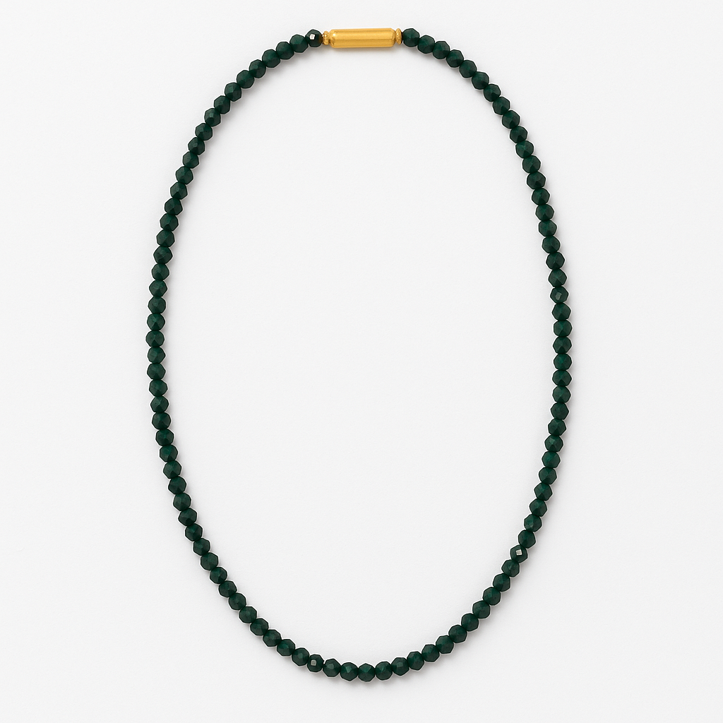 Green beaded necklace with a gold clasp on a white background