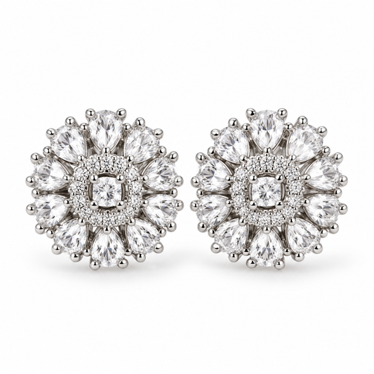 Floral Halo Pear-Cut Diamond Cluster Stud Earrings