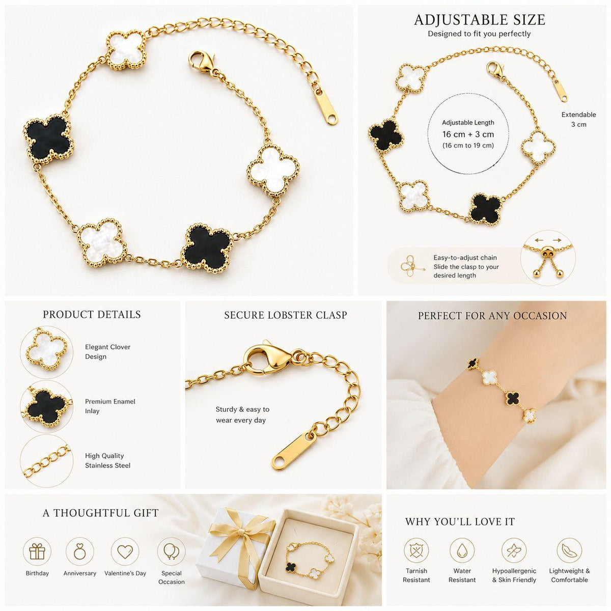 Gold-tone adjustable chain bracelet with alternating black and white clover motifs, shown in a multi-panel product collage with size details, close-up clasp view, worn on a wrist, and gift presentation.