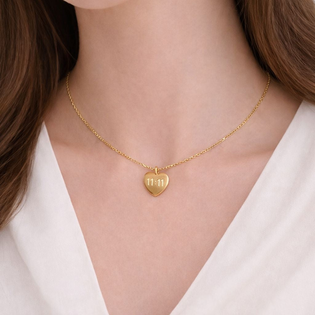A close-up of a model wearing a delicate gold chain necklace with a small heart-shaped pendant engraved with '11.11'.