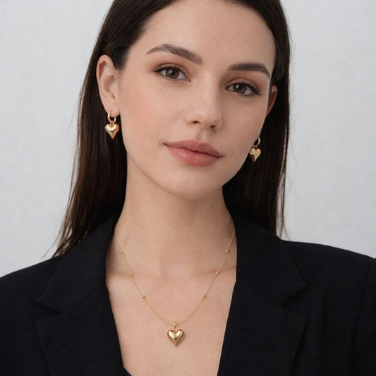 Gold Heart Pendant Necklace & Earring Set