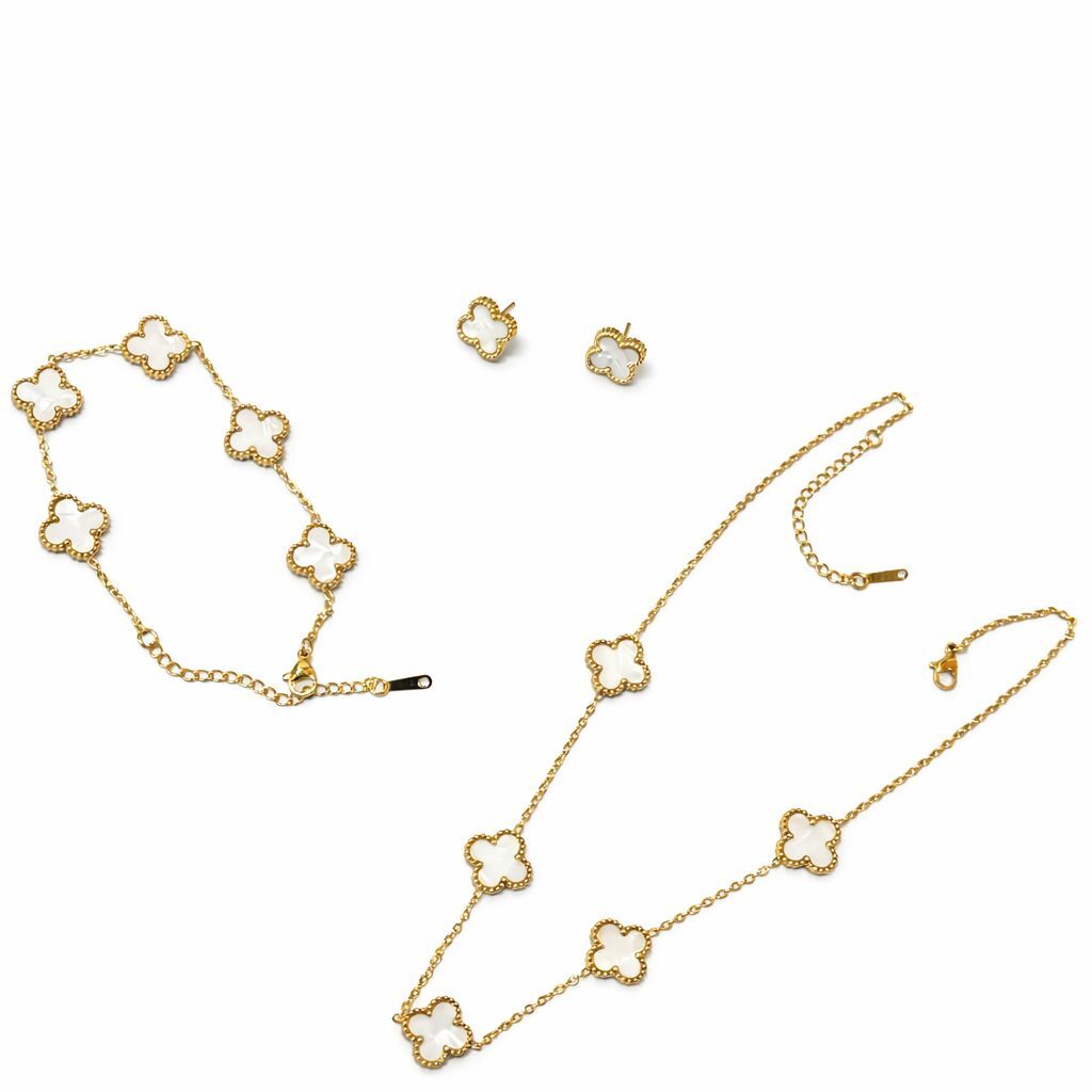 Gold Clover Jewelry Set — 3-Piece Necklace, Bracelet & Earrings