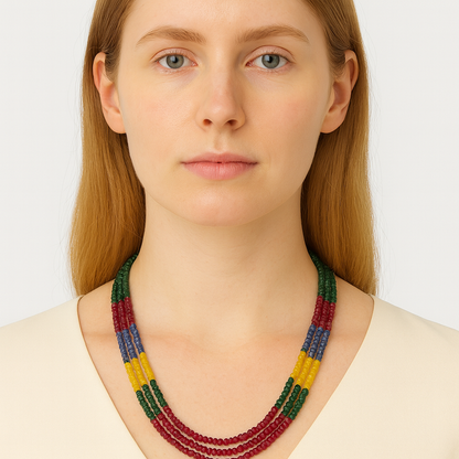 Woman wearing a colorful beaded necklace against a plain background