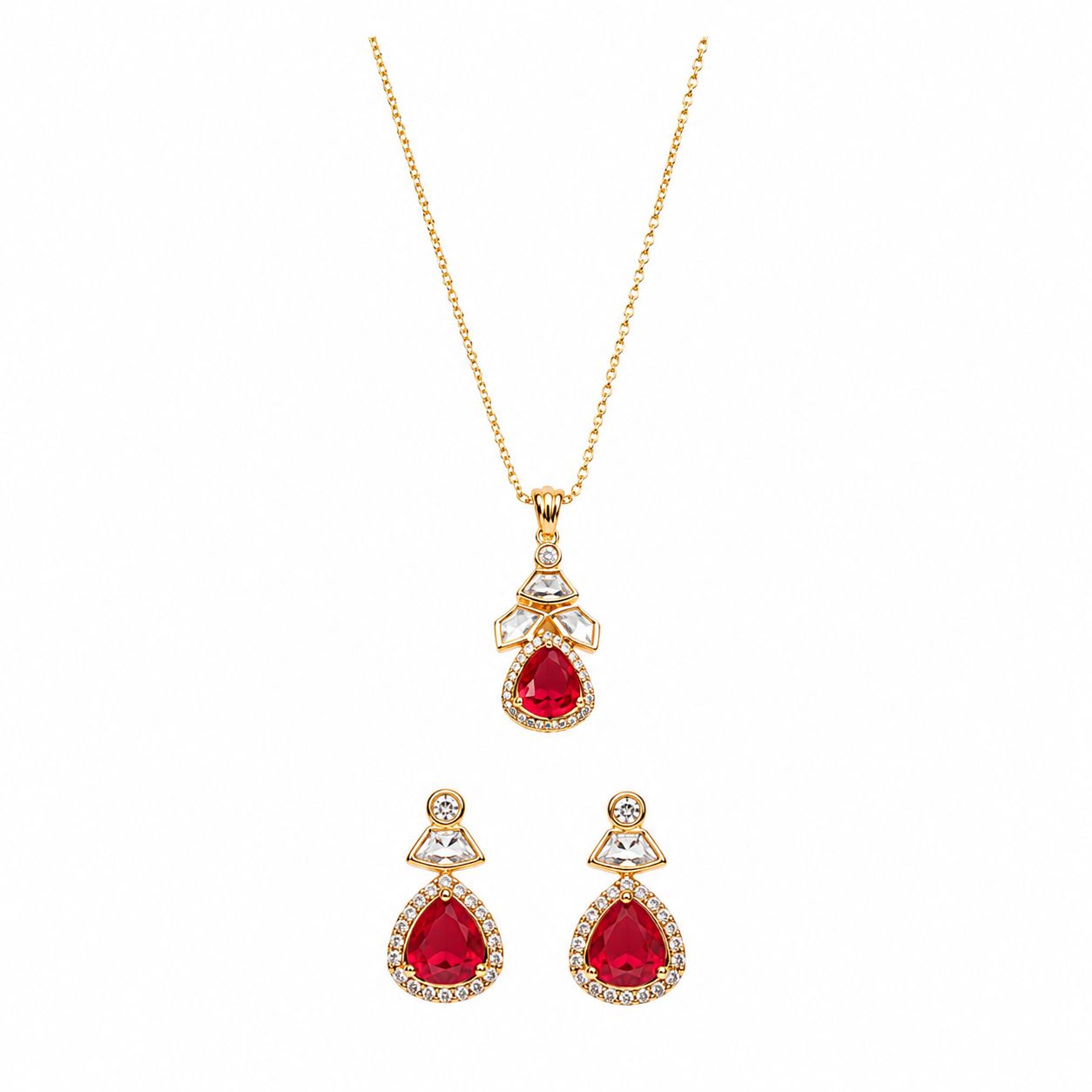 Gold Red Teardrop Crystal Necklace and Earrings Set