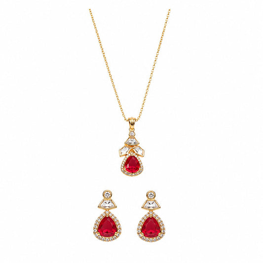 Gold Red Teardrop Crystal Necklace and Earrings Set