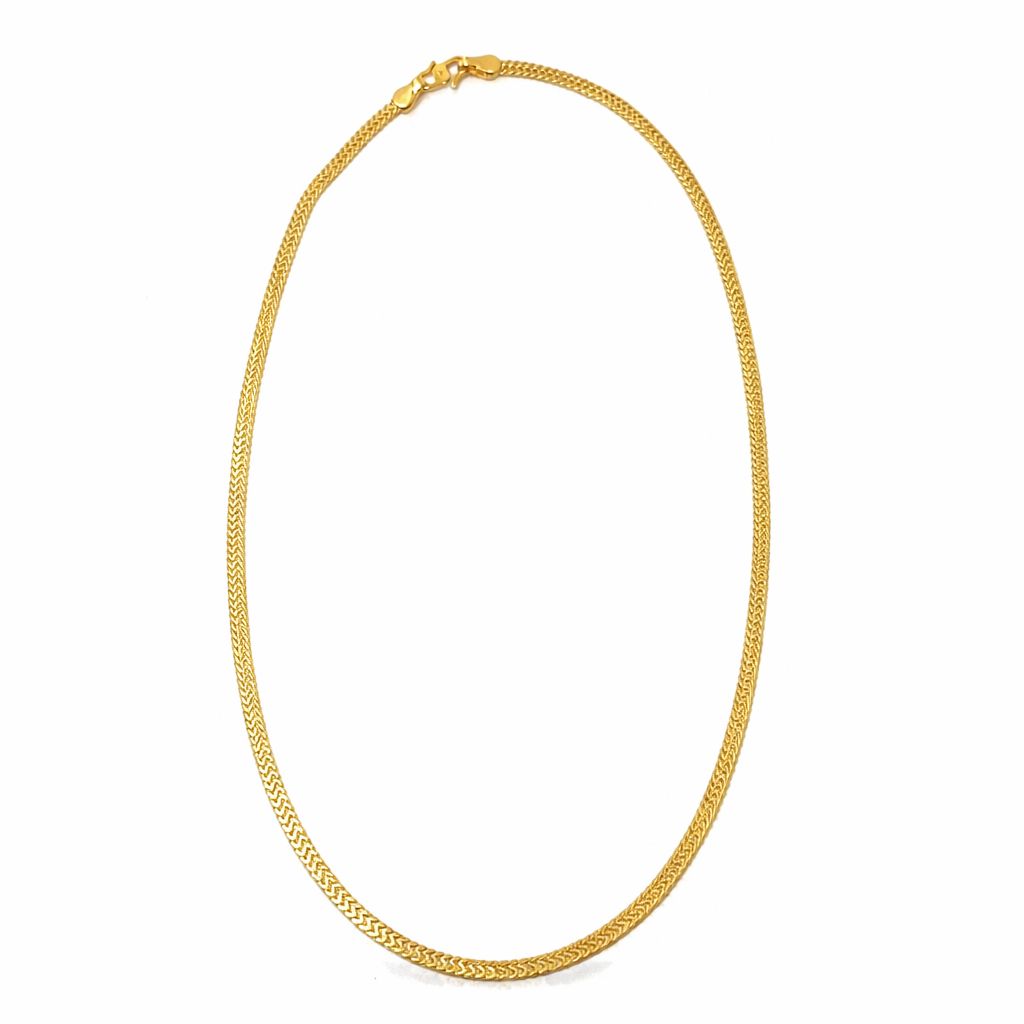 A gold chain necklace with a textured, woven link design and a lobster clasp, displayed on a clean white background.