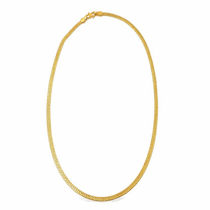 A gold chain necklace with a textured, woven link design and a lobster clasp, displayed on a clean white background.