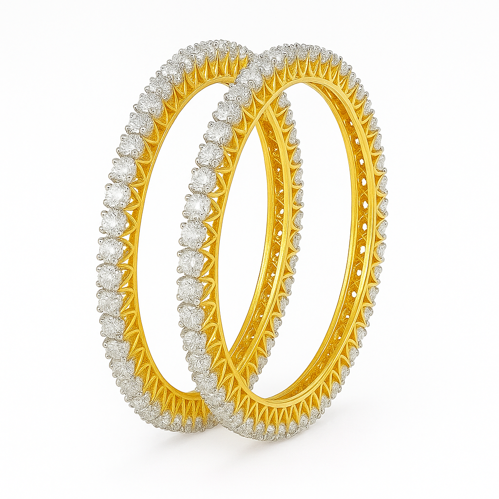 Two gold bangles with diamond-studded designs on a white background