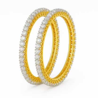 Two gold bangles with diamond-studded designs on a white background