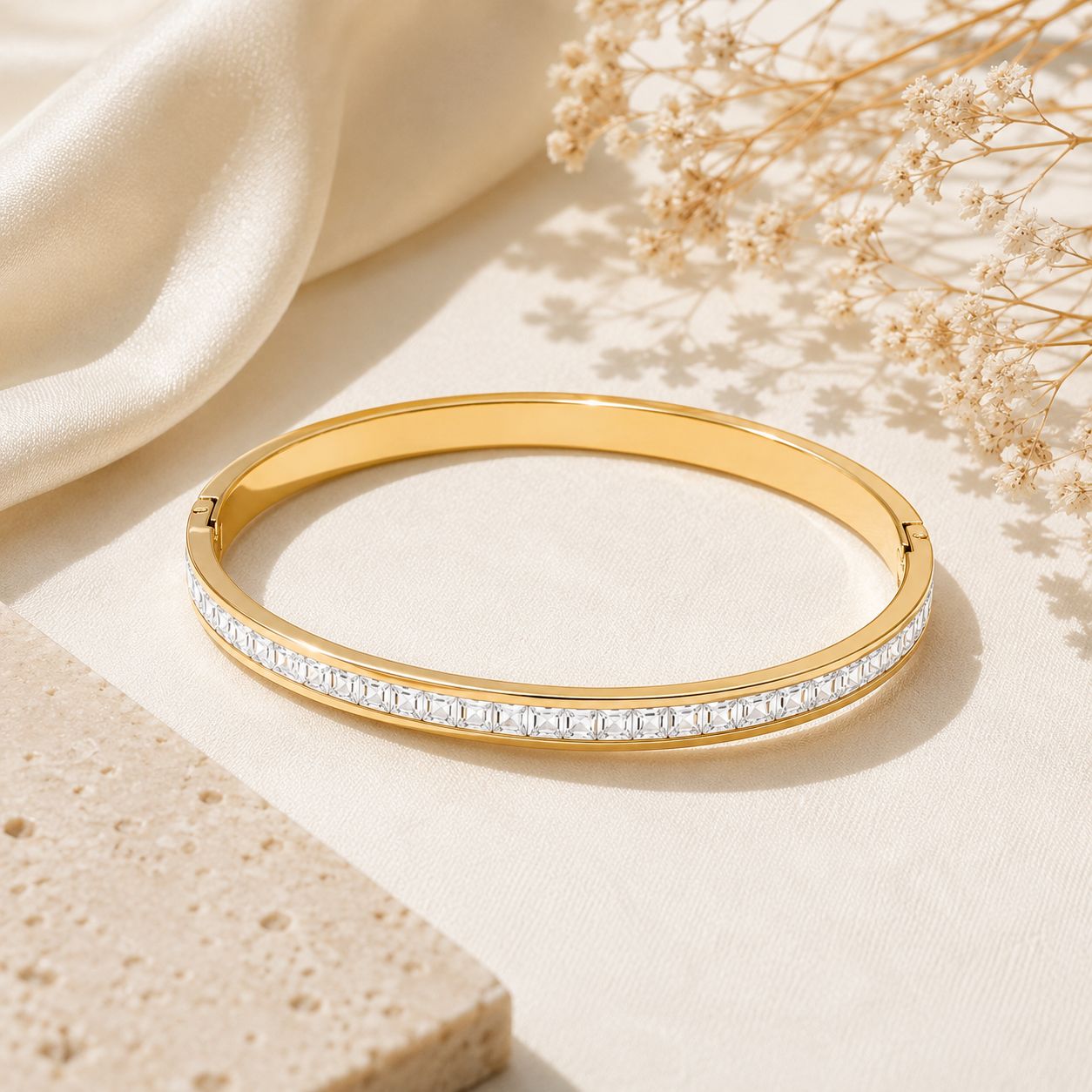 Gold Crystal Stone Hinged Bracelet