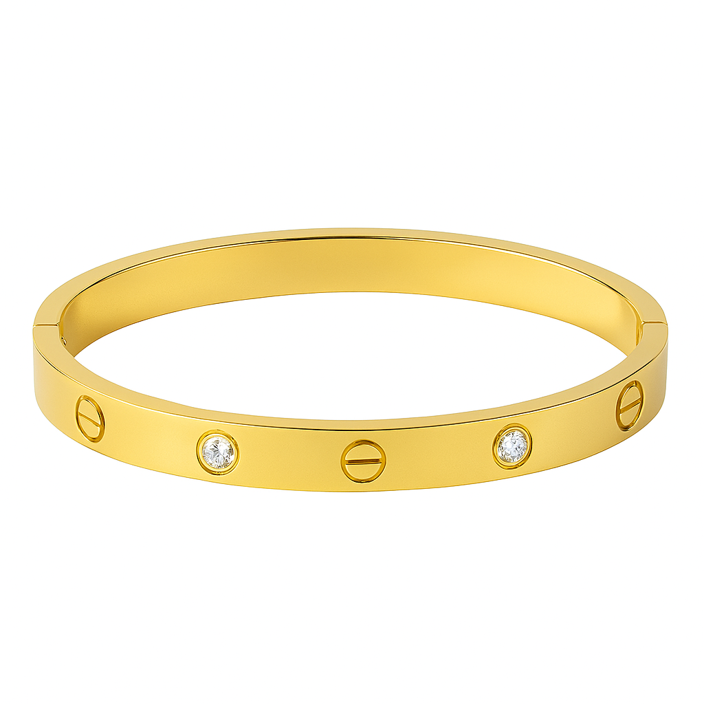 Gold bracelet with diamond accents on a white background