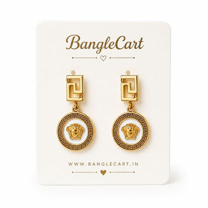 Gold Greek Key Medallion Drop Earrings