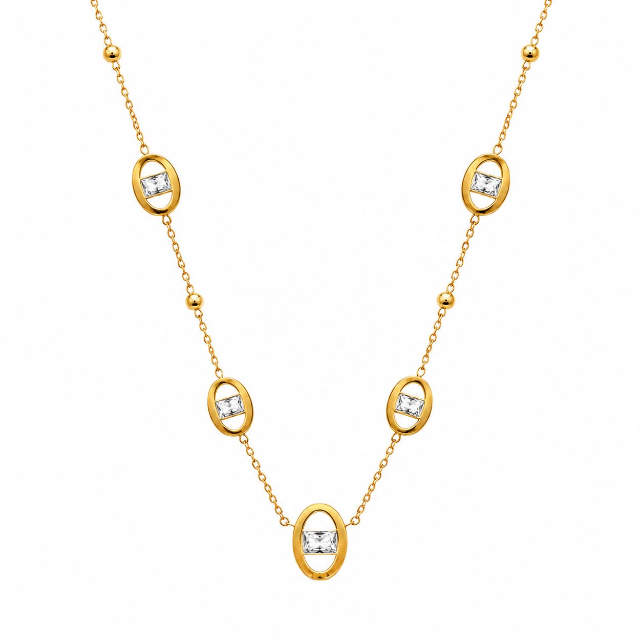 Gold Oval Crystal Station Necklace