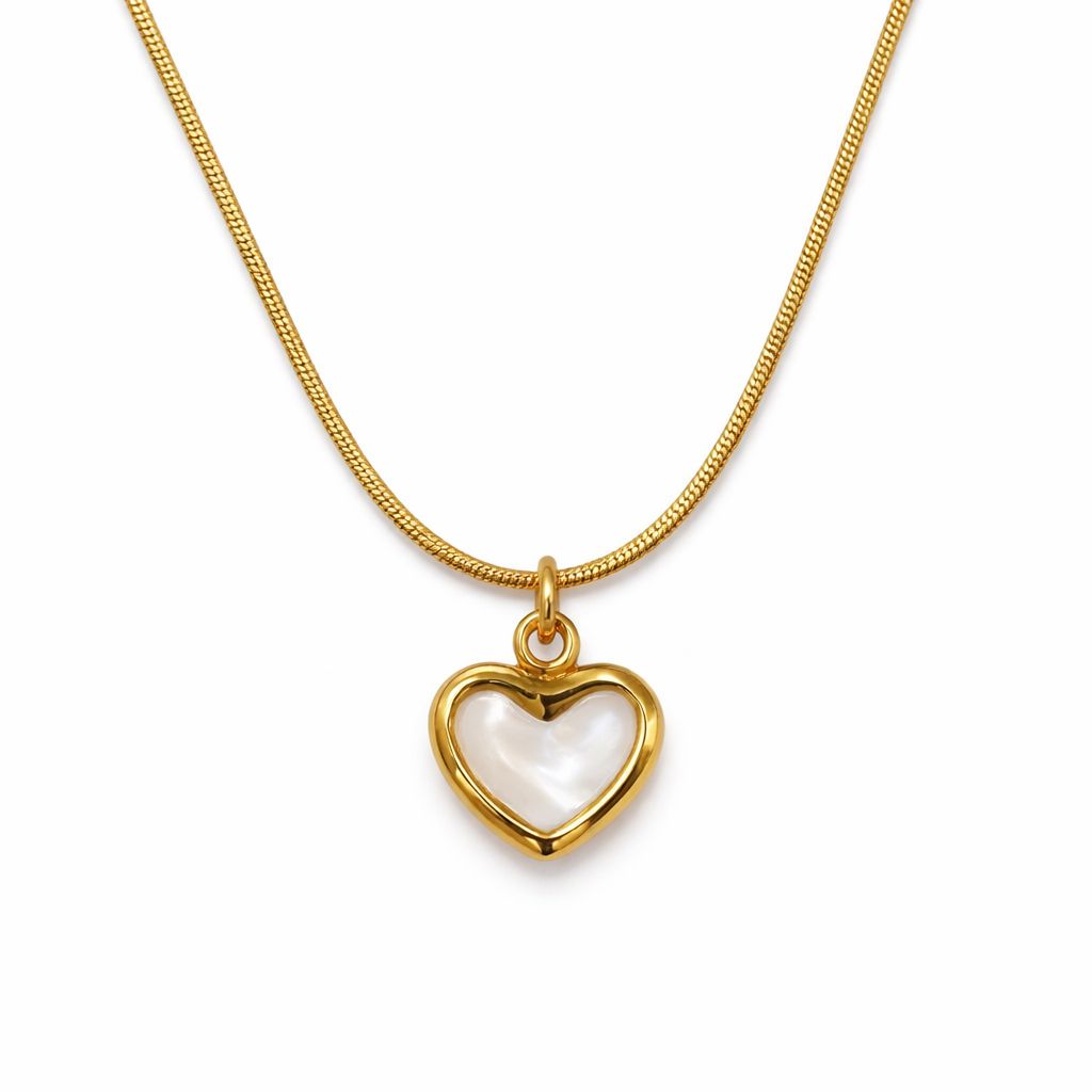 Gold-Tone Heart Pendant Necklace with Pearl Inlay — Elegant Minimal Jewelry