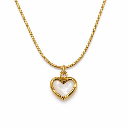 Gold-Tone Heart Pendant Necklace with Pearl Inlay — Elegant Minimal Jewelry