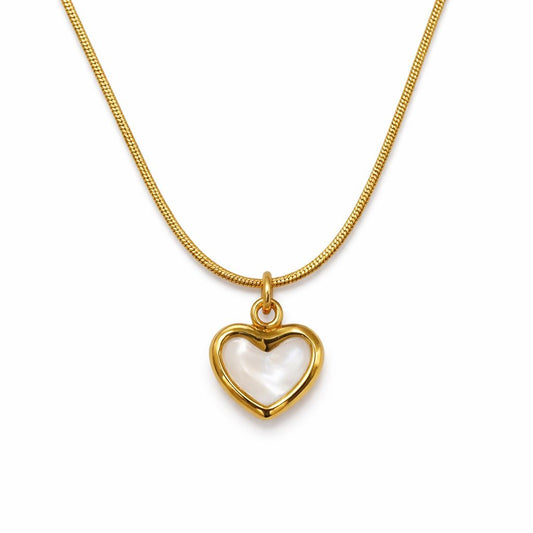 Gold-Tone Heart Pendant Necklace with Pearl Inlay — Elegant Minimal Jewelry