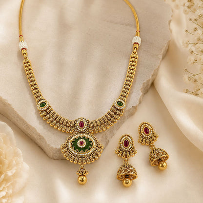 Antique Gold Traditional Necklace and Jhumka Earrings Set