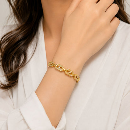 Gold Link Chain Crystal Hinged Bangle Bracelet