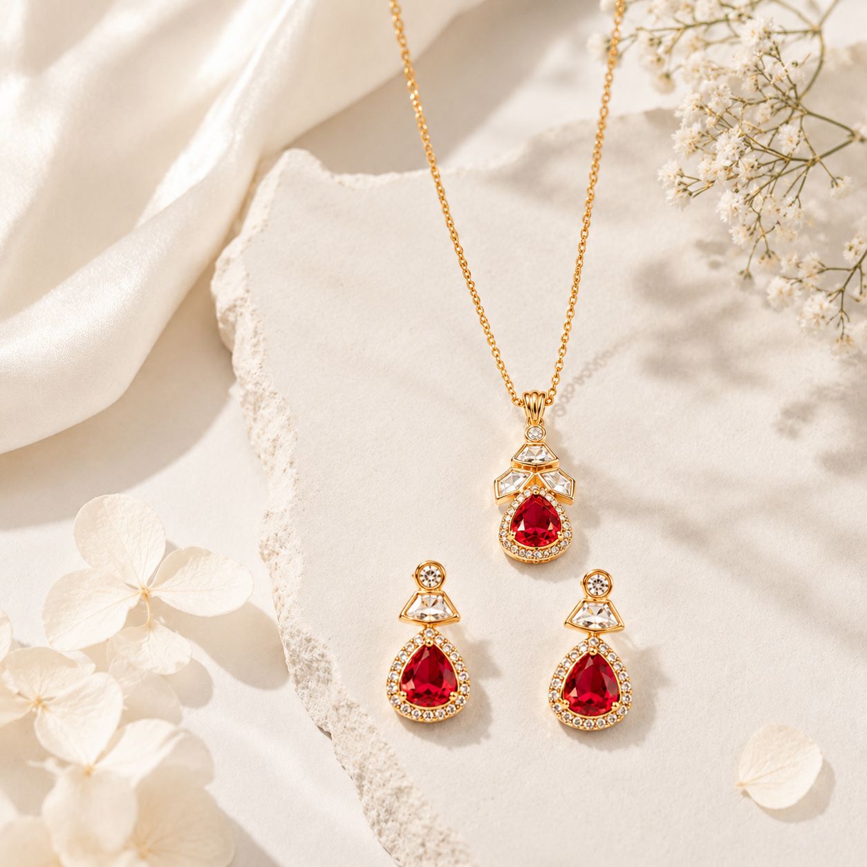 Gold Red Teardrop Crystal Necklace and Earrings Set