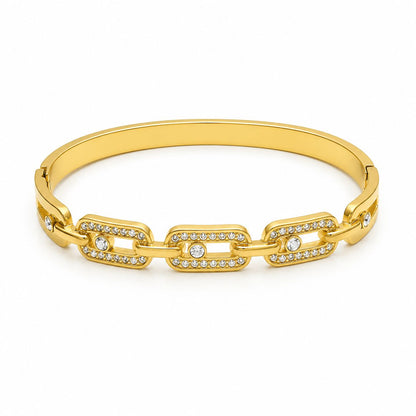 Gold Link Chain Crystal Hinged Bangle Bracelet