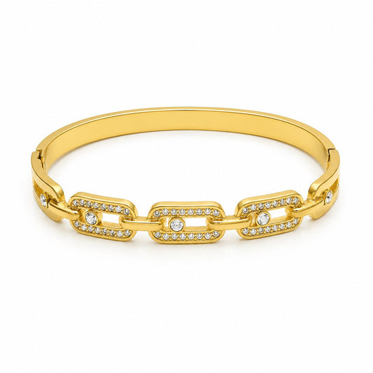 Gold Link Chain Crystal Hinged Bangle Bracelet