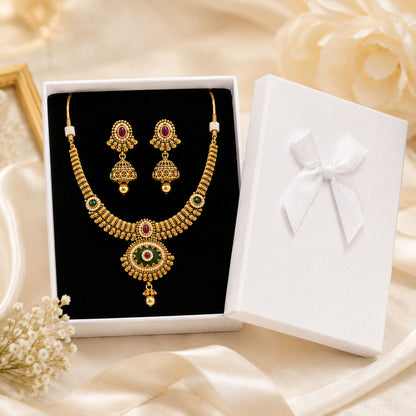 Antique Gold Traditional Necklace and Jhumka Earrings Set