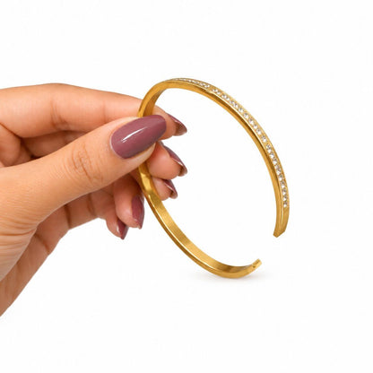 Crystal-Set Gold-Tone Cuff Bracelet worn on model — styling cuff bracelet for everyday and festive wear