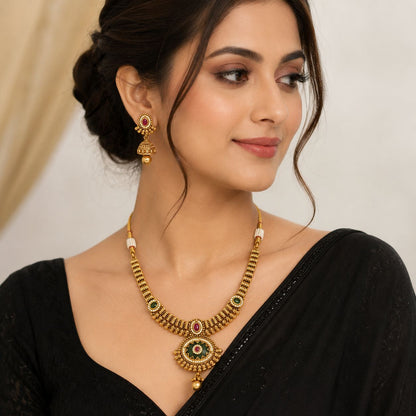 Antique Gold Traditional Necklace and Jhumka Earrings Set