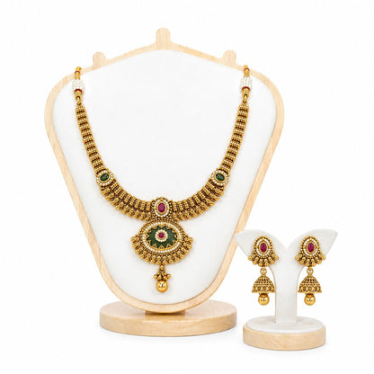Antique Gold Traditional Necklace and Jhumka Earrings Set