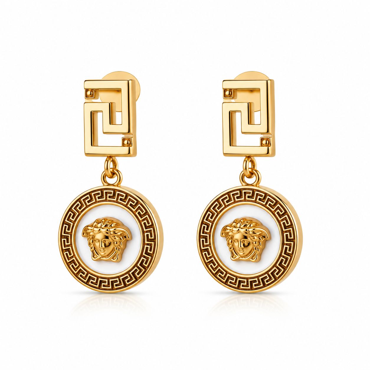 Gold Greek Key Medallion Drop Earrings
