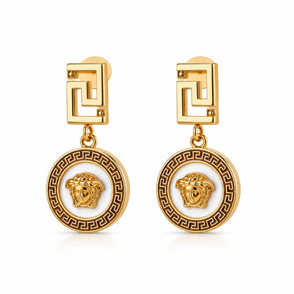 Gold Greek Key Medallion Drop Earrings