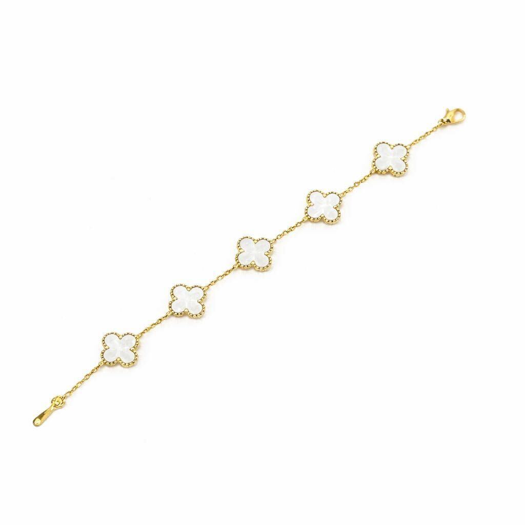 gold plated five clover charm bracelet close-up
