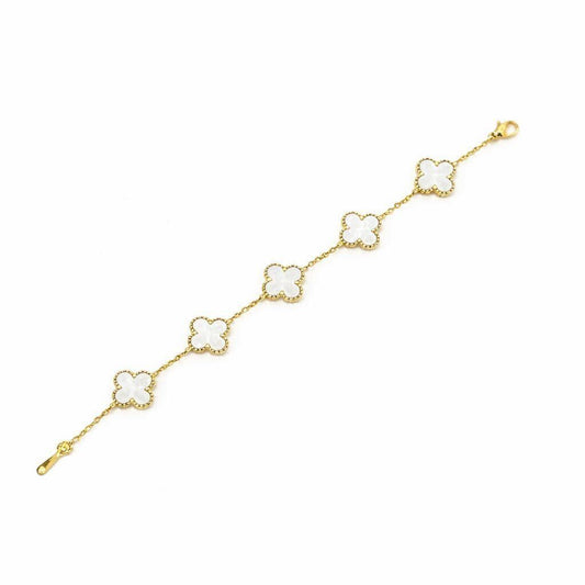 gold plated five clover charm bracelet close-up

