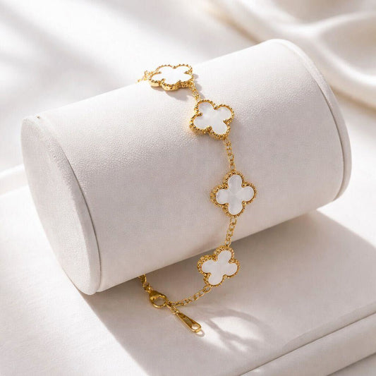 white clover bracelet for women on gold chain
