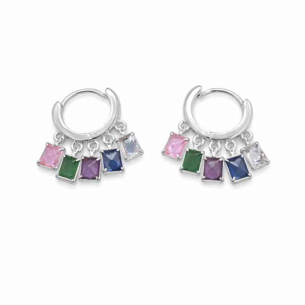 Silver Multicolor Stone Hoop Earrings