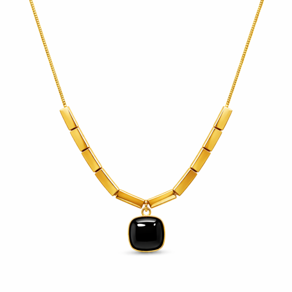 Gold Geometric Chain Necklace with black Stone Pendant