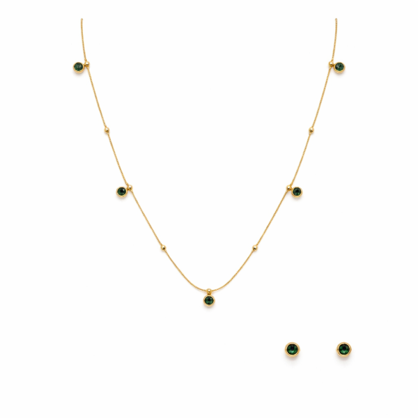 Gold Chain Necklace Set with Green Stone & Stud Earrings