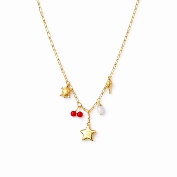 Gold Charm Necklace with Star Pendant & Cherry Drops