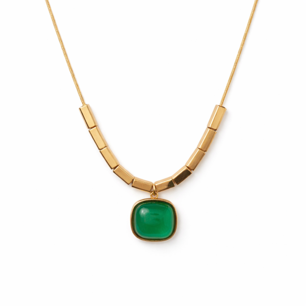 Gold Geometric Necklace with Emerald Green Pendant